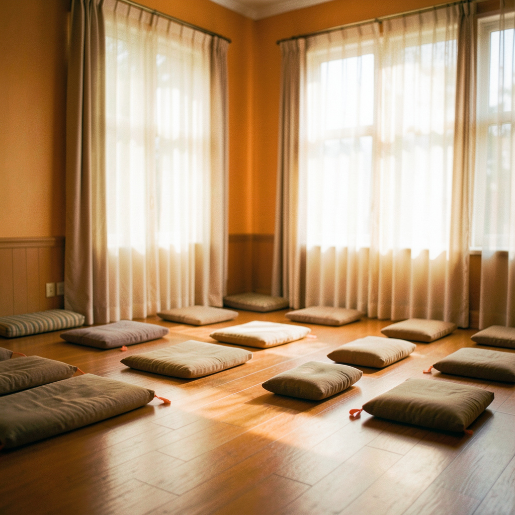 Softly lit meditation hall interior with warm wood floors, cushions arranged in rows, and gentle sunlight filtering through tall windows in calm amber and cream tones