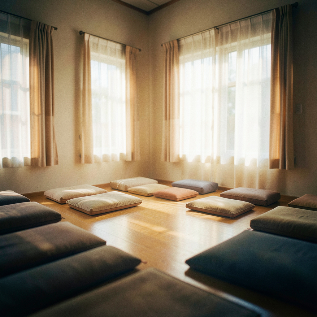 A softly lit meditation hall with warm amber and cream tones, cushions arranged in quiet rows, sunlight filtering through sheer curtains