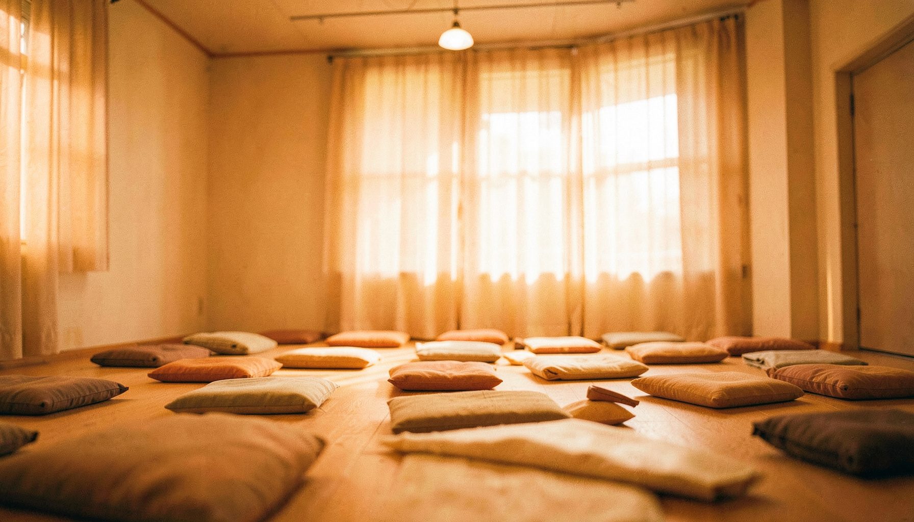 A softly lit meditation hall with warm amber and cream tones, cushions arranged in quiet rows, sunlight filtering through sheer curtains
