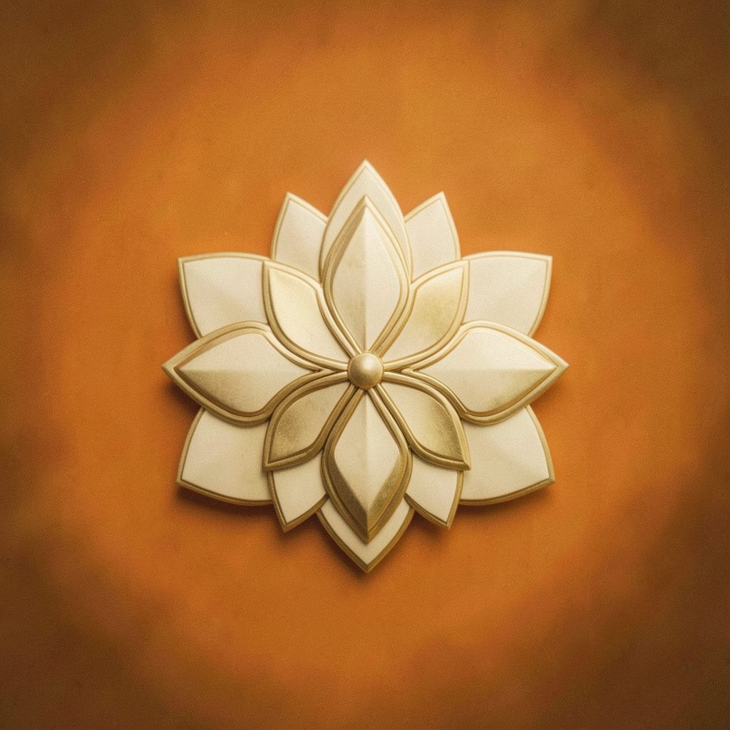 Warm-toned abstract emblem suggesting a lotus or mandala form in muted gold and cream