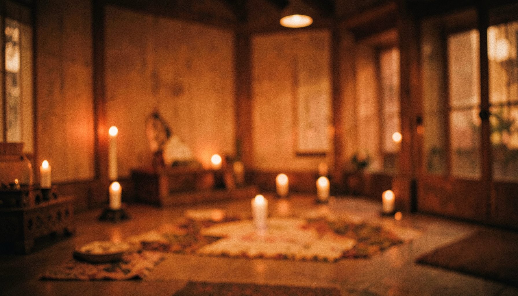 Warm, soft-focus scene of a meditation hall interior with gentle candlelight and muted earth tones, conveying quiet contemplation